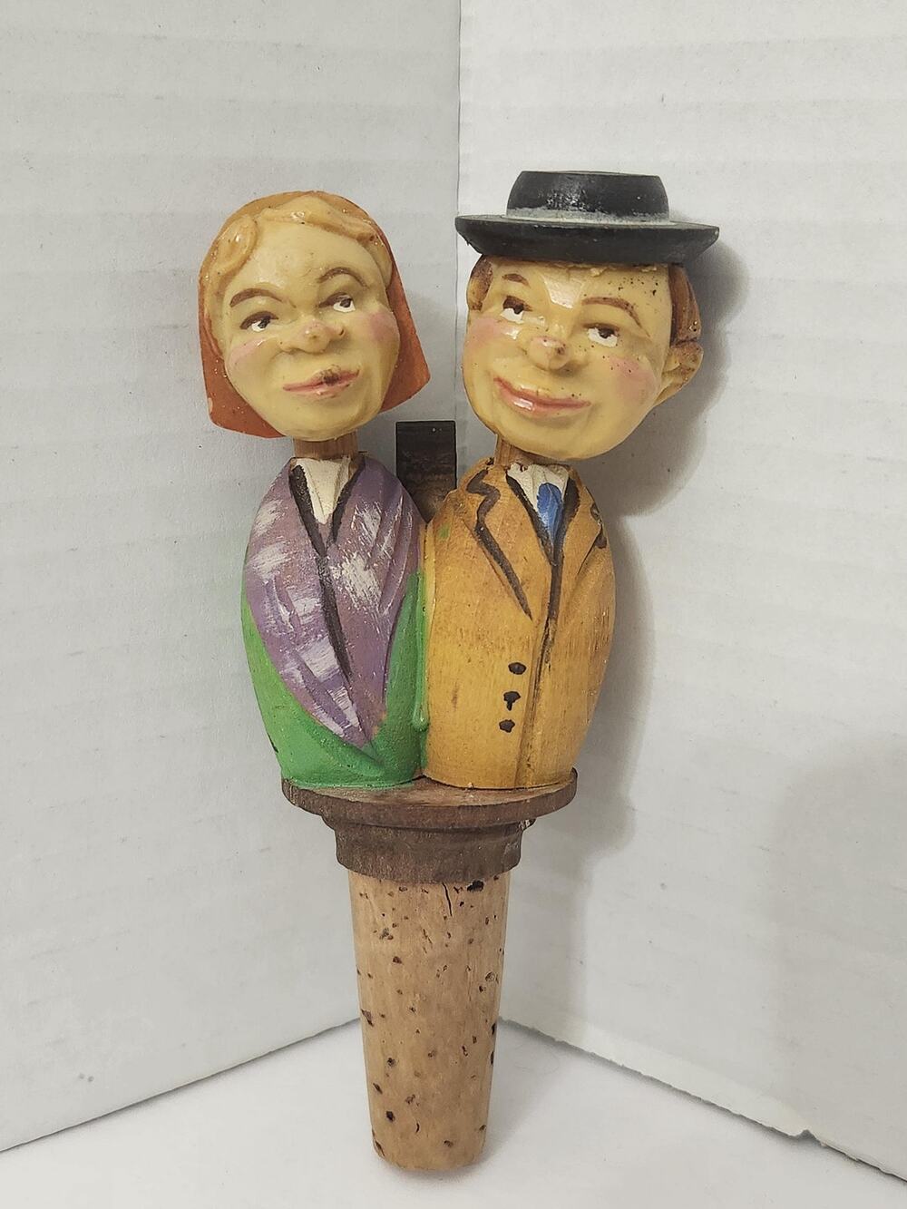 Vintage Mechanical Kissing Couple Wooden Bottle Stopper Moving Heads Anri Style